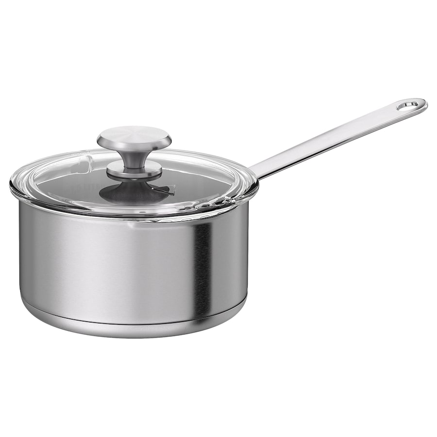 HEMKOMST Saucepan with lid, stainless steel/glass