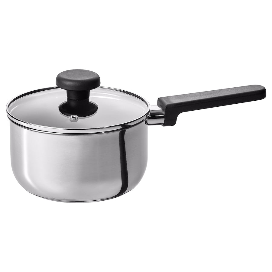 MIDDAGSMAT Saucepan with lid, non-stick coating clear glass/stainless steel