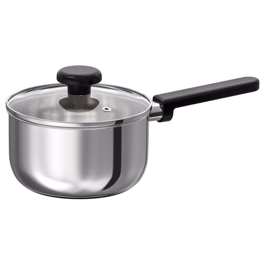 MIDDAGSMAT Saucepan with lid, clear glass/stainless steel