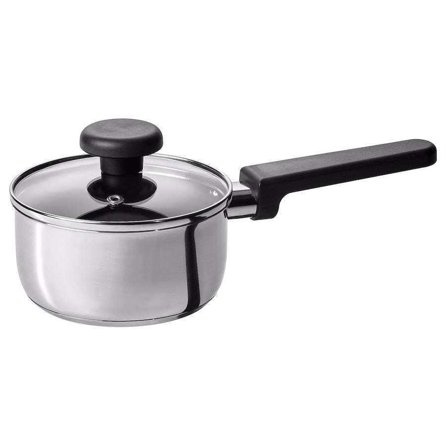 MIDDAGSMAT Saucepan with lid, non-stick coating clear glass/stainless steel