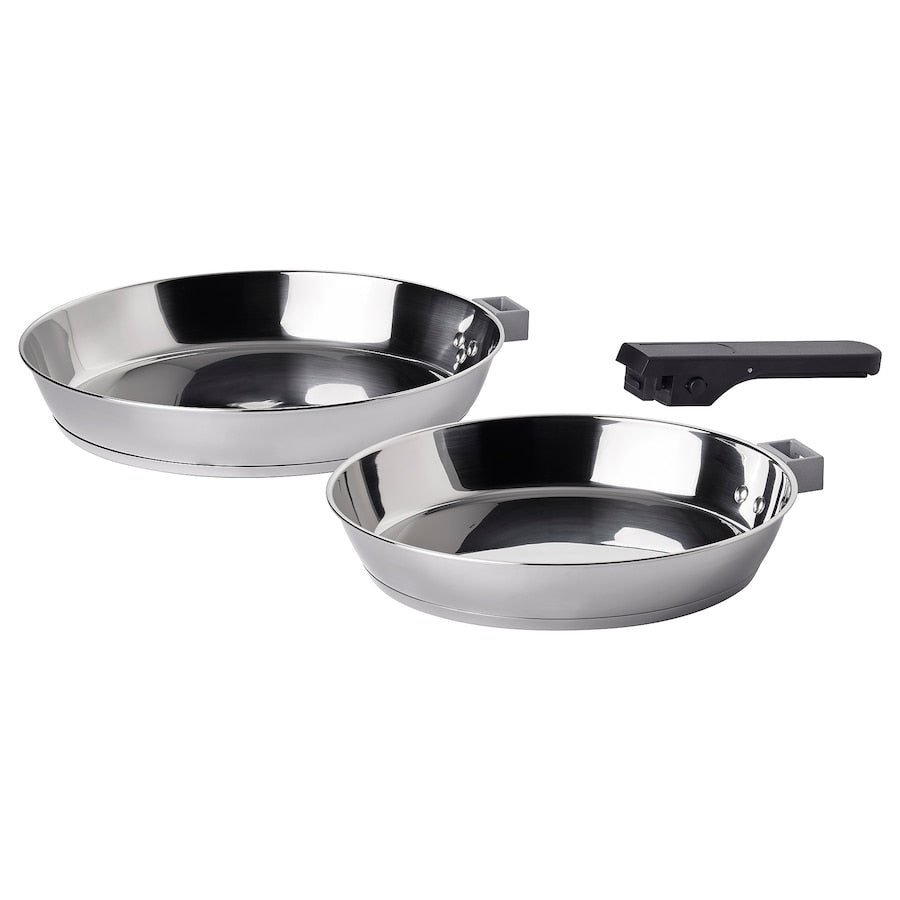 SLÄTROCKA Cookware kit 3 piece with detachable handle, frying pan stainless steel