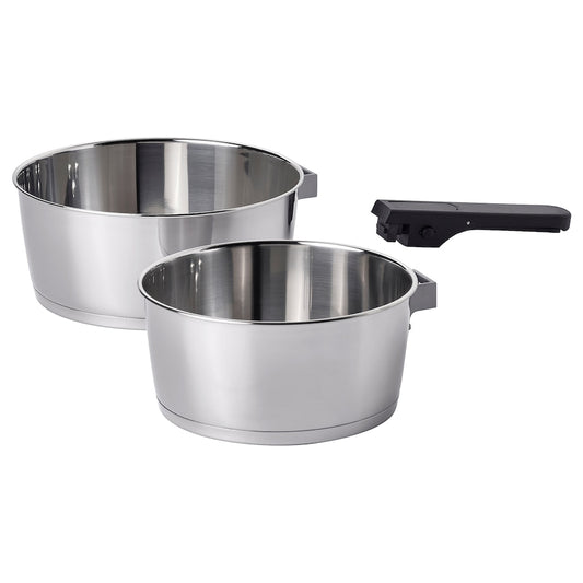 SLÄTROCKA Cookware kit 3 piece with detachable handle, saucepan stainless steel