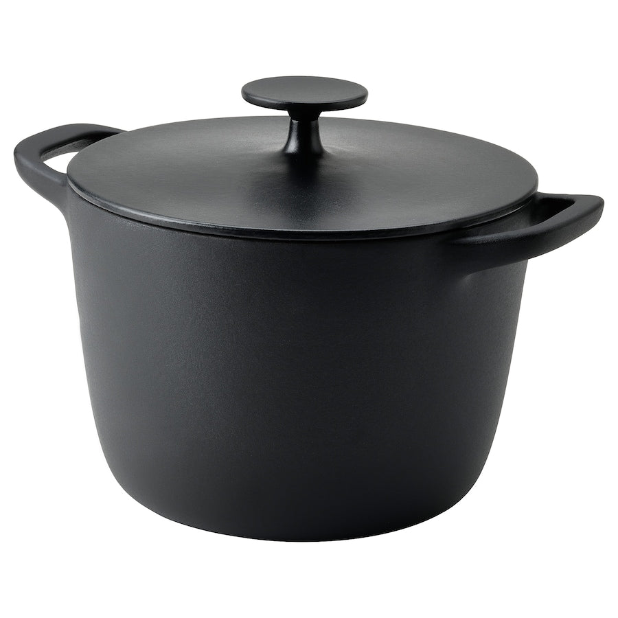 VARDAGEN Pot with lid, enamelled cast iron matte/black