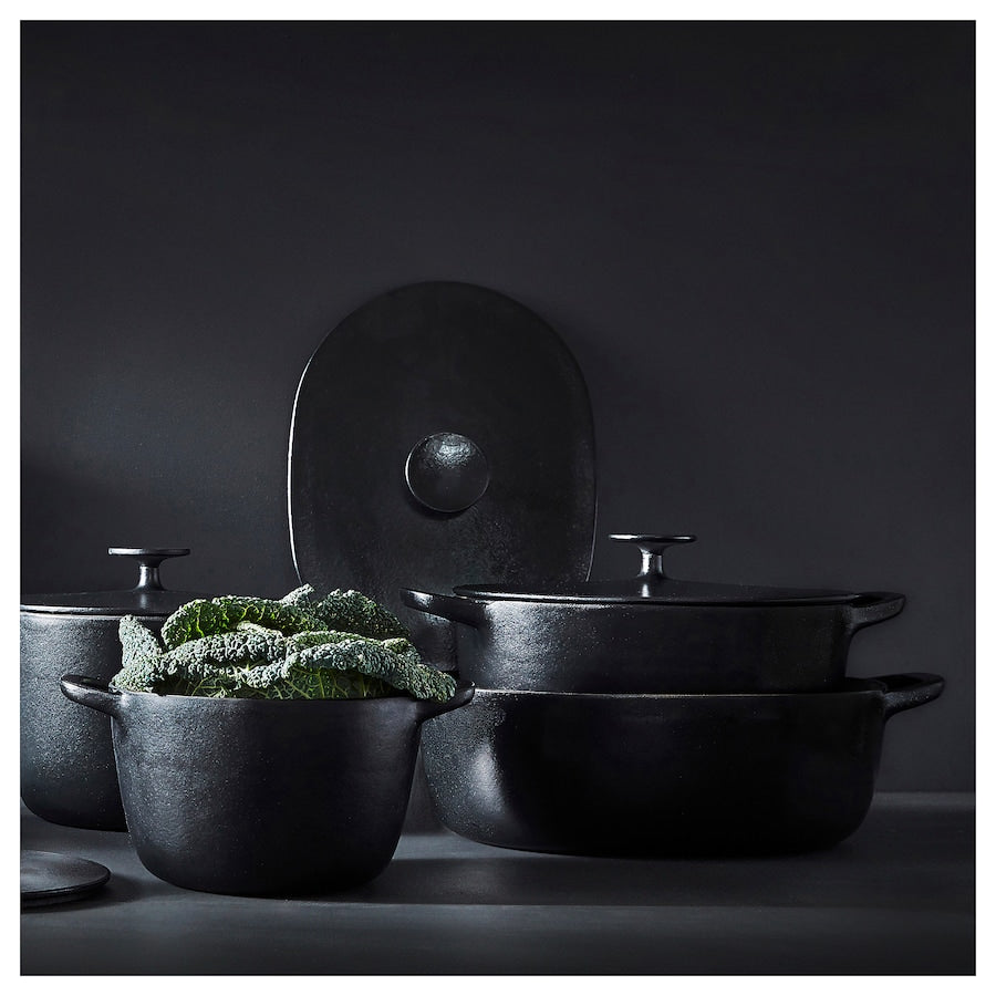 VARDAGEN Pot with lid, enamelled cast iron matte/black